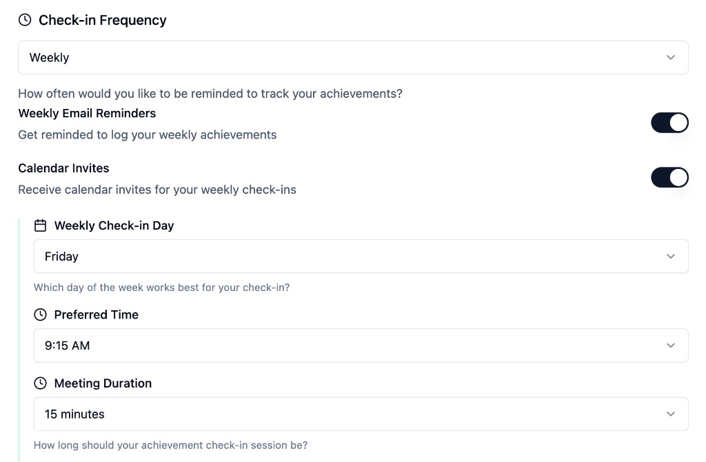 Weekly check-in reminder and meeting schedule settings