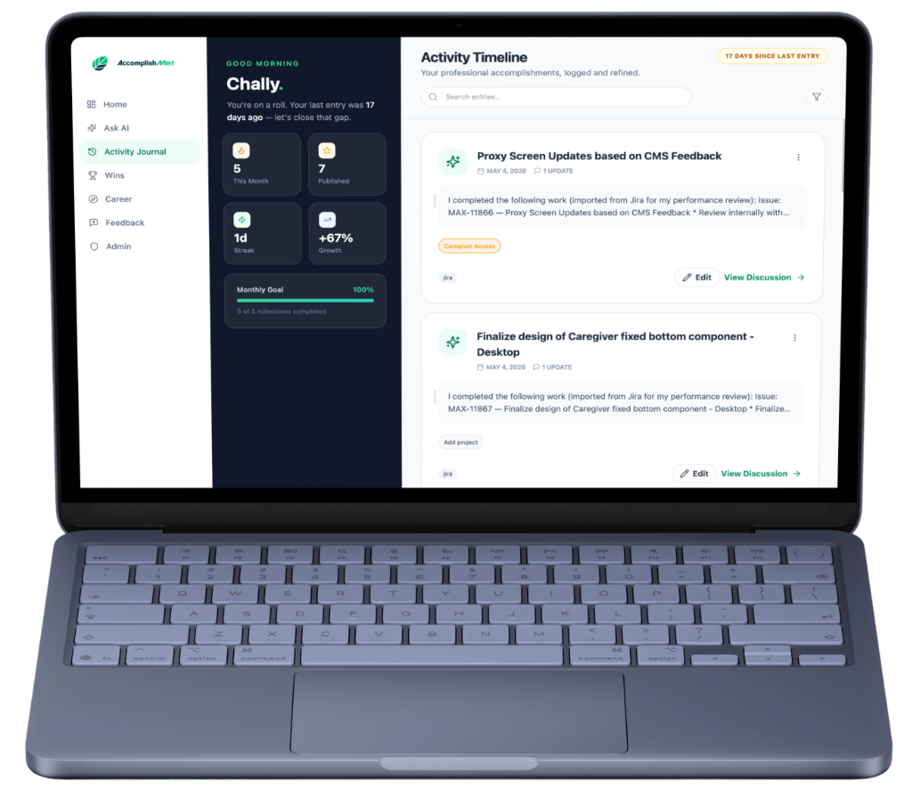 AccomplishMint Activity Journal on web with Jira-imported entries and goal tracking
