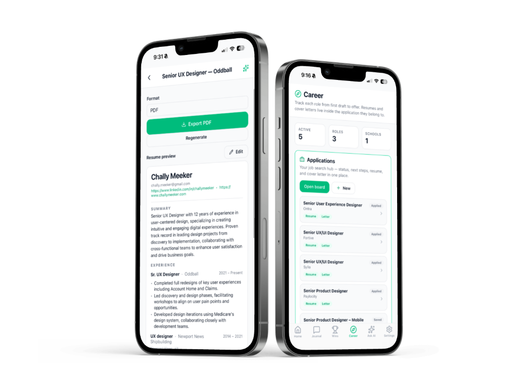 AccomplishMint Career hub and resume export on iOS