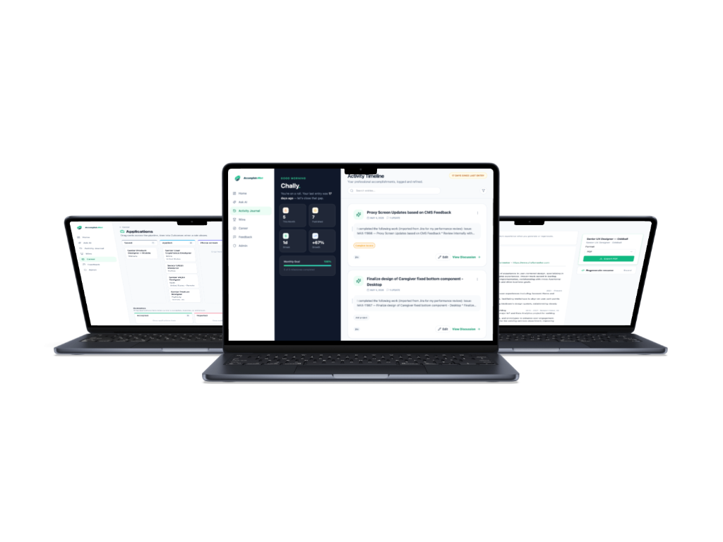 AccomplishMint on web: Activity Journal timeline, Applications kanban board, and resume export