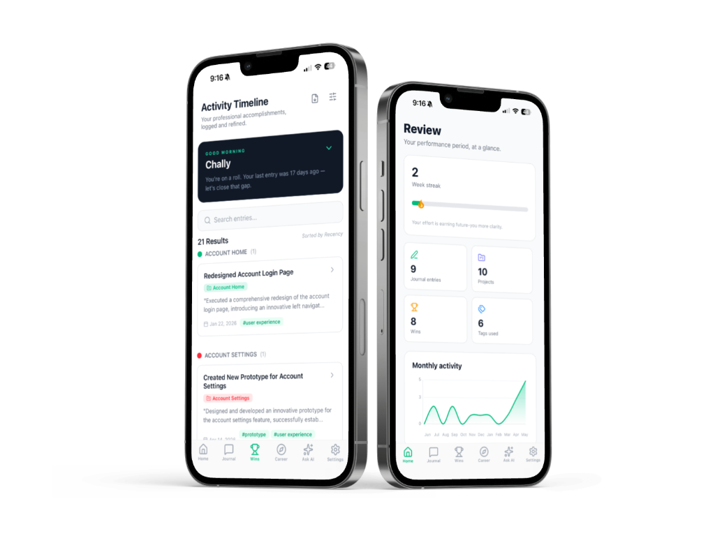 AccomplishMint Wins timeline and Review dashboard on iOS
